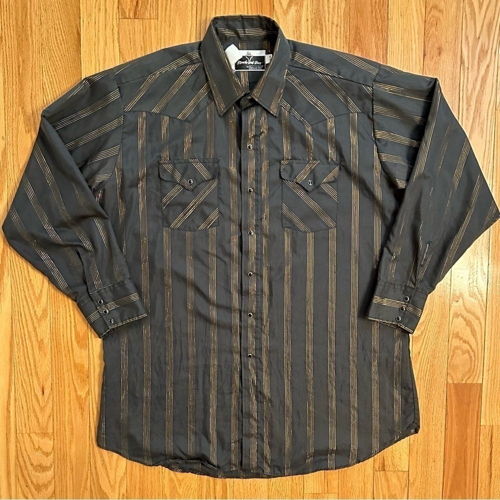 Vintage Panhandle Slim Charcoal Gray & Gold Stripe Western Shirt Size 18-35 XXL